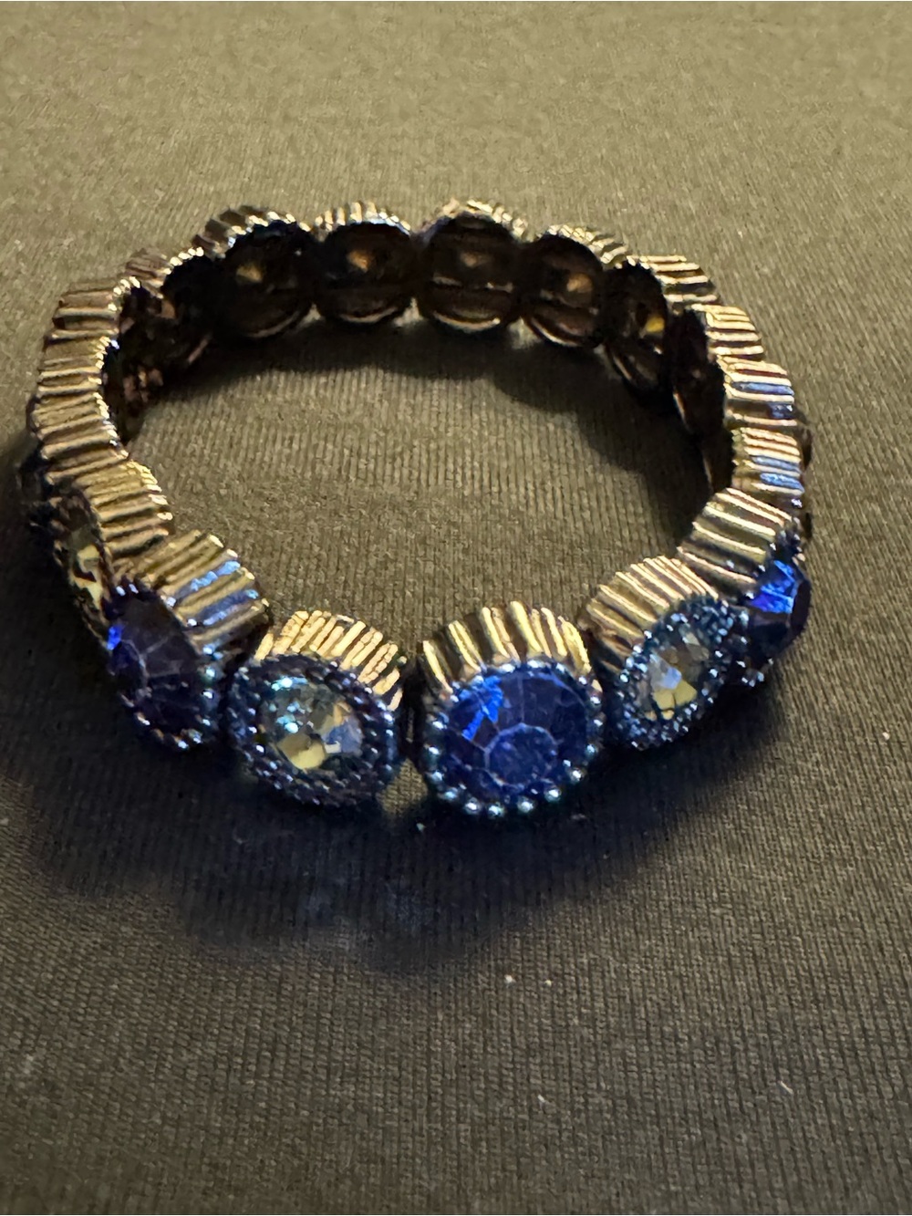 Gunmetal Stretch Bracelet Blue & Smoky Crystal Rhinestones - Textured Bezel
